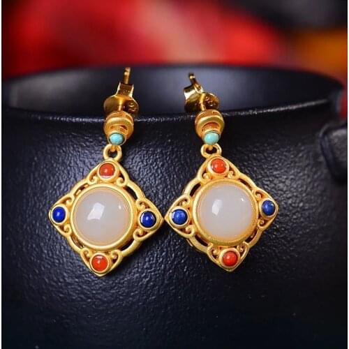 Natural Hetian Jade Duobao Stud Earrings Vintage Court Chinese Classical and Ethnic Style S925 Sterling Silver South Red Stud Ea