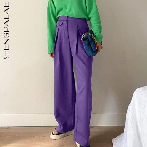 SHENGPALAE Fashion Purple Trousers Womens Autumn 2021 New High Waist Thin Loose Straight Crumple Pants Female Tide 5E3776