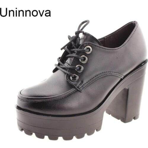 High Platform High Heels Footwear Womens Round Toe Retro Split Leather Lace Up Shoes Office Work Pumps Salto Alto WP045