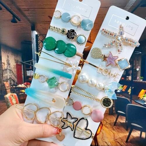 Women Hairpins Set Simulated Pearl Crystal Barrettes Girl Hair Accessories Fashion Geometric Starfish Flower Hair Clips Jewelry