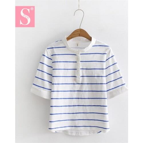 STVY T-shirt Femme 2018 Summer Striped T-Shirts Button O-neck Short Sleeve Tops Female T-Shirt Women Clothes