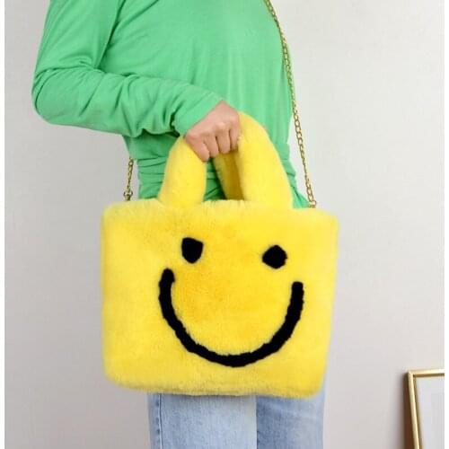 Women Plush Shoulder Bag Soft Faux Fur Ladies Chain Messenger Bags Fashion Female Small Purse Handbags Bolsas Cute Smiley Face