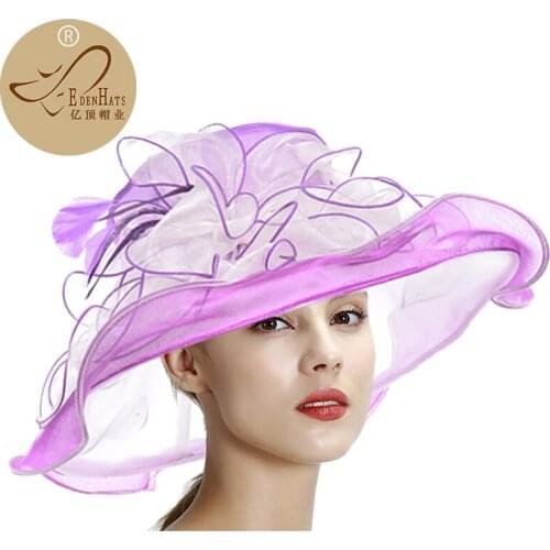 Ladies Romantic Wide Ruffle Brim 2-Tone Organza Hat with Handmade Trim Perfect for Church, Wedding or Kentucky Derby S10-2432