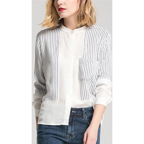 Natural Silk Long-Sleeve Shirts 100% Mulberry Silk Plus Size Top Women Stand Collar Striped Blouses S M L XL FREE SHIPPING