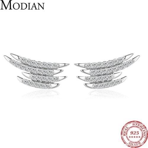 Modian 100% 925 Sterling Silver Geometric Line Zirconia Exquisite Stud Earrings For Women Classic Wedding Statement Jewelry