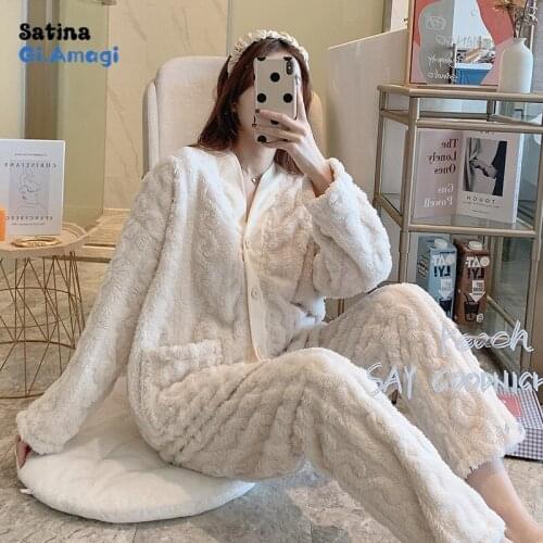 Women Pijamas Set Winter Coral Velvet Solid Color Cardigan V-neck Plus Velvet Thickened Flannel Home Wear Suit Pyjama Femme