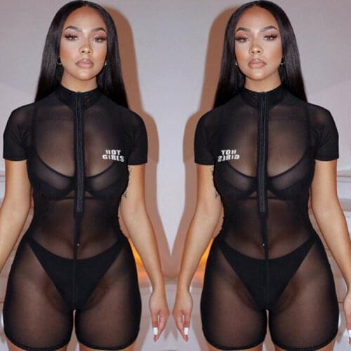 Women Sexy Perspective Jumpsuit Mesh Playsuit Party Trousers Short Sleeve Women Romper Bodycon Clubwear