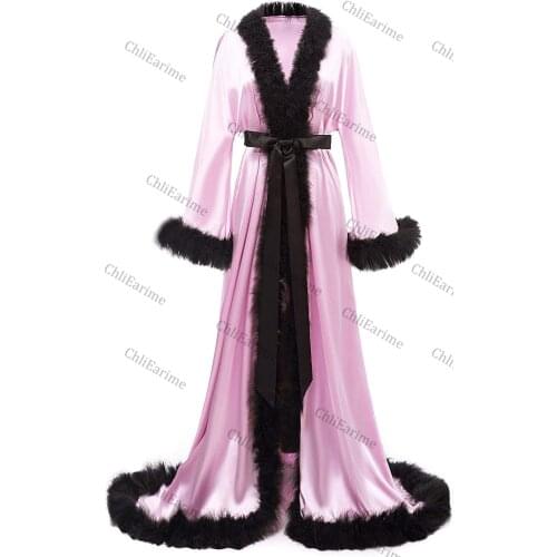 Womens Feather Bridal Robe Luxury Fur Trim Silk Satin Lingerie Dressing Gown Nightgown Long Wedding Scarf