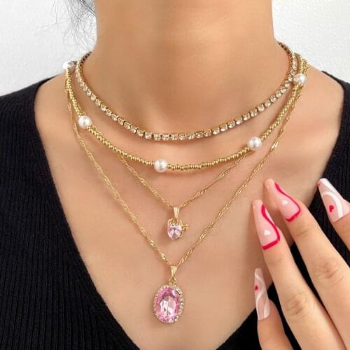 Flatfoosie Multilayer Gold Color Beaded Choker Necklace Fashion Heart Crystal Tennis Chain Necklace For Women Bohemia Jewelry