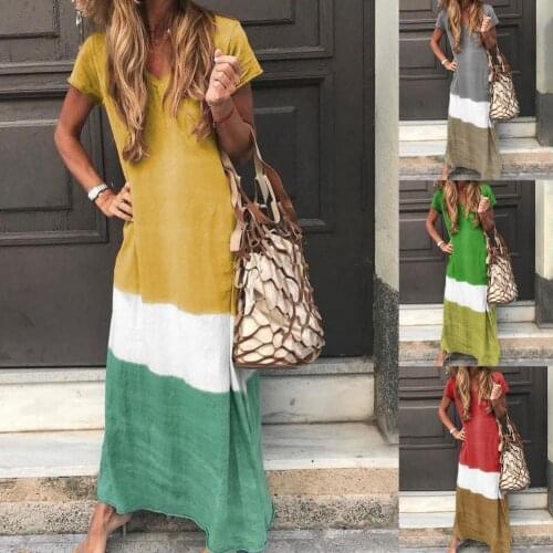 Women Dress Summer Patchwork Casual Loose Short Sleeve Color Matching Simple Dress Outdoor Beach Party Dress Oversize Clothes