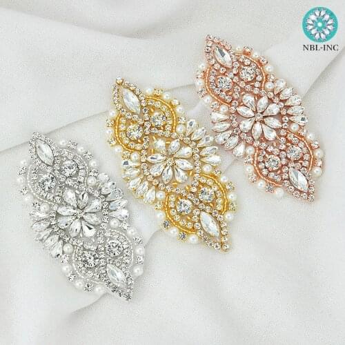 1PC) Rhinestone bridal belt wedding crystal applique silver gold iron on sew on wedding dress WDD0736