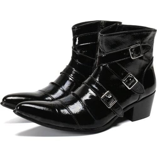 Black Patent Leather Western Ankle Boots Men Pointed Toe High Heel Short Boots Mens Street Style Stage Performance Work Boots