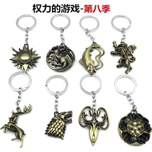 New Thrones Keychain Season 8 House Stark Wolf Head Badge Key Chains Pendant Ice Fire Keyring llaveros Of Movie Gifts