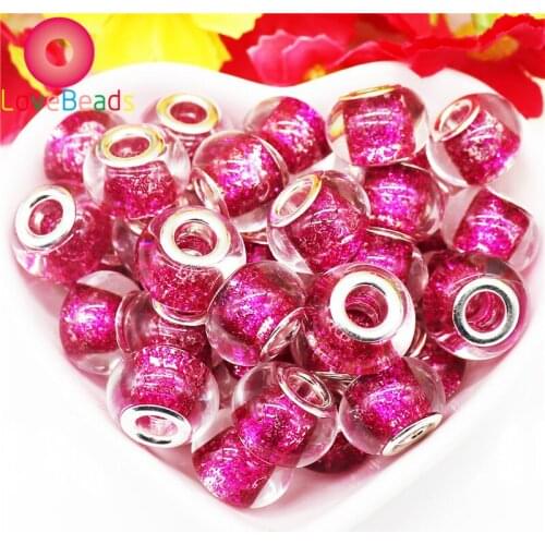 10Pcs Rose Red Color Glitter Powder 16mm Glass Murano Big Hole European Chain Spacer Beads Fit Pandora Charms Bracelet Jewelry