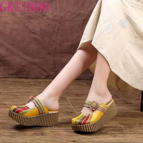 GKTINOO 2021 Summer Shoes Women Wedge Slides Cover Toes Handmade Flower Thick Heels Genuine Leather Lady Platform Slippers