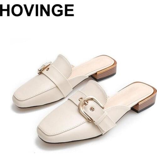 HOVINGE Summer Autumn Women Slippers Slides Buckle Ladies Mules Square Toe Low Heel Fashion Shoes Woman