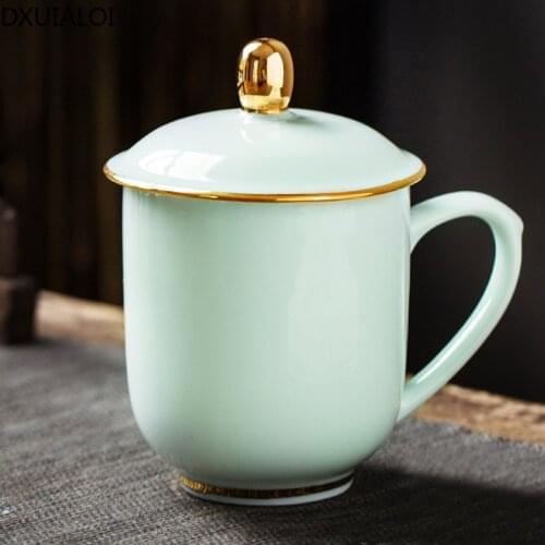 Chinese simplicity Teacup Ceramic Crafts Restaurant Household Living Room Water Cup with Lid Gilded Office Conference Cup