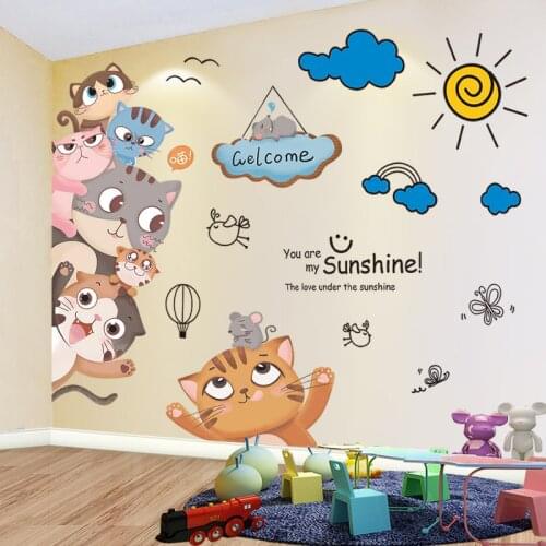 Cats Animals Wall Stickers DIY Cartoon Clouds Sun Wall Decals for Kids Rooms Baby Bedroom Children Nursery Home Decoration