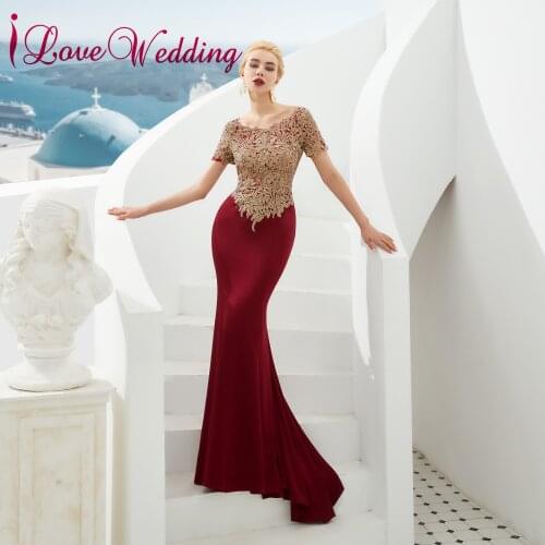 Red Evening Dresses Scoop Collar Gold Lace Applique Custom made Short Sleeves Formal Long Trumpet Evening Gown