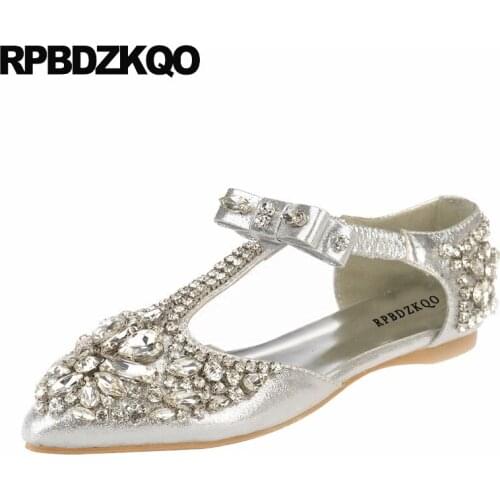 Crystal Bling Women Dress Shoes Sandals Wedding Sparkling Bow Flats Kawaii Silver Summer Pointed Toe Rhinestone Diamond T Strap