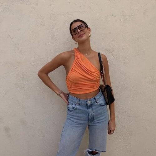 One Shoulder Crop Top Women Sexy Sleeveless Tank Top Summer Ruched Bodycon Solid Short Tanks Camis