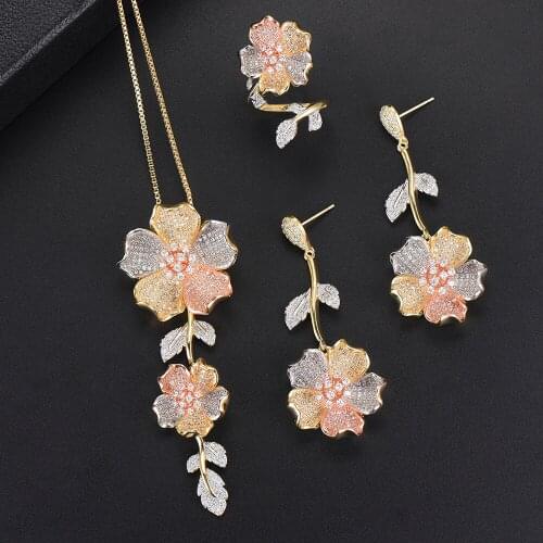 LARRAURI 3PCS Charms Cubic Zirconia Inlaid Fashion Jewelry Sets Luxury Dubai Wedding Jewelry Sets Necklace Dangle Earrings Ring