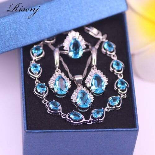 Many Colors Top Zircon Sky Blue 925 Sterling Silver Jewelry Set For Women Earrings Ring Necklace Bracelet Free Shipping