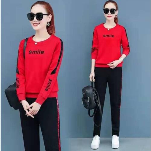 Fashion Autumn 2piece Set Long Sleeved Loose Plus Size Sportswear Two Piece Set Plus Size Women Clothing Red Pink Black