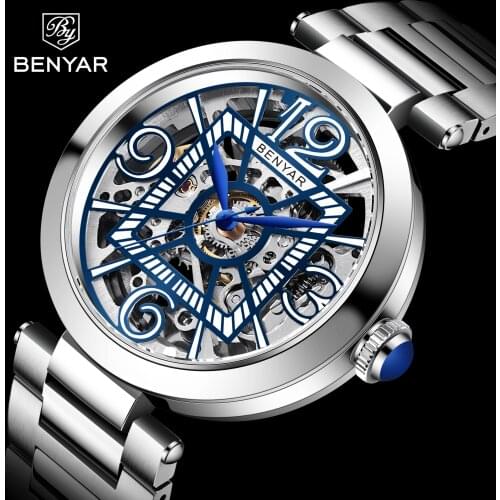 2021 Benyar Design New Top Brand Luxury Fashion Mens Mechanical Watch Stainless Steel Hollow Design Waterproof Automatic Watch