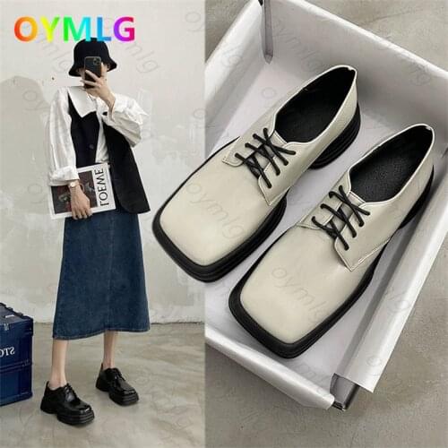 Autumn 2021 new retro square toe lace-up platform shoes female wild British style niche design small leather shoes
