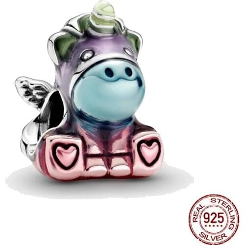 New 925 Sterling Silver Colourful Rainbow Bruno the Unicorn Charm Fit Original Pandora Charms Bracelet Necklace DIY Jewelry