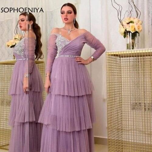 New Arrival V Neck Long sleeve evening dress Dubai Arabic evening dresses 2021 abiye formal dress Robe soiree avondjurk