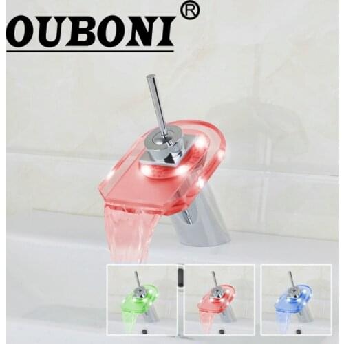 OUBONI Glass Square LED Bathroom Basin sink Faucet waterfall bathroom vanity Mixer Tap Chrome Bathroom Faucets,Mixers & Taps