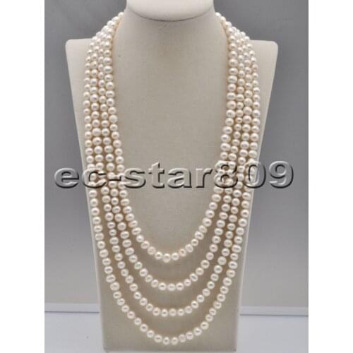 P6745 Long 17“-100" 7mm White Round Freshwater Pearl Necklace Choker