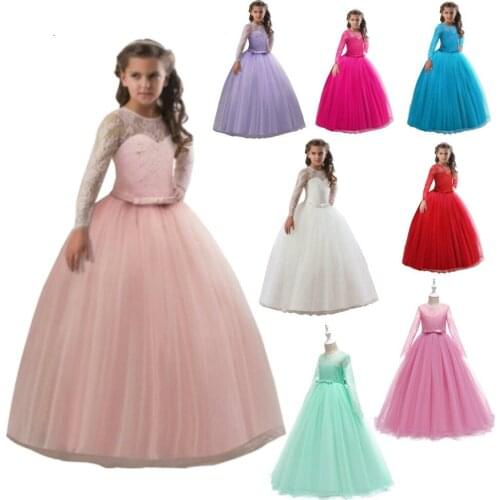 Flower Girls Dresses Children Lace Sleeves Long Maxi Tulle Party Wedding Evening Dress Girls Princess Gown Clothing Vestido