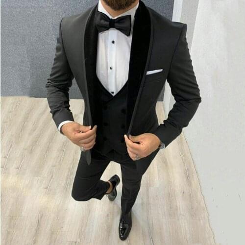 Slim Fit Men Suits Black Groom Tuxedos Shawl Lapel Groomsmen Wedding Bridegroom 3 Pieces ( Jacket+Pants+Vest+Tie ) D181