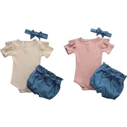 0-24M Newborn Baby Girl Kid Clothes Sets Solid Short Sleeve Tops Romper Shorts Headband Outfit Clothes