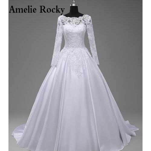 Robe De Mariage 2020 Simple Satin Lace Wedding Dress Long Sleeve Beaded Wedding Gown Sexy Backless Bridal Dress Vestido De Novia