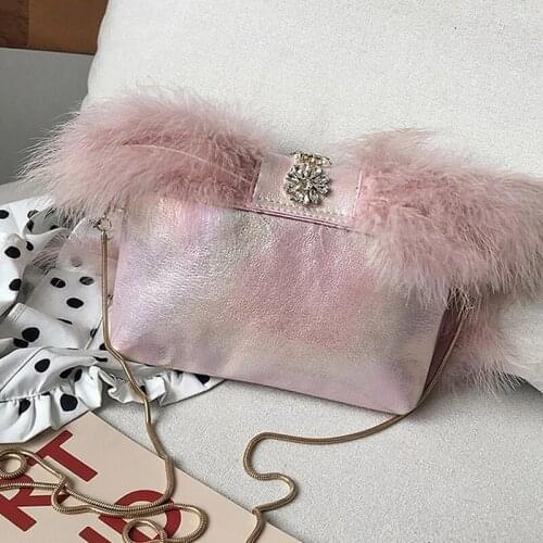 Pink Handbag Women Leather Shoulder Bag Exquisite Diamond Wedding Clutch Bag with Pearl White turkey Fur Bag