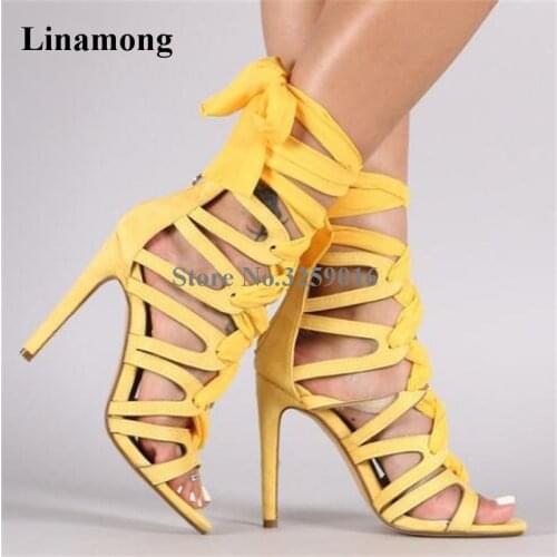 Newest Fashion Women Open Toe Suede Leather Lace-up Gladiator Sandals Strap Cross Yellow Black High Heel Sandals Dress Shoes