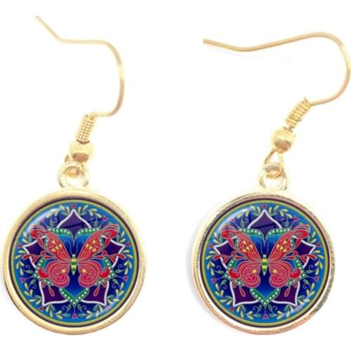 Mandala Flower Butterfly Earrings OM Symbol Buddhism Zen Picture Glass Cabochon Drop Earring Vintage Golden Color Jewelry Women