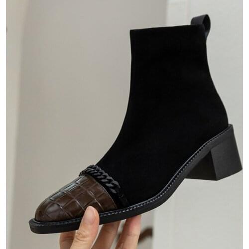 Winter Autumn Handmade Genuine Leather Women Boots Square Toe Chunky Heels Ankle Women Shoes All Match Zipper Botas De Mujer