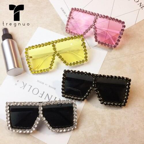 TREGNUO 2021 Women Square Sunglasses Rhinestone Glasses party 15 colors Brand Glasses Outside UV400