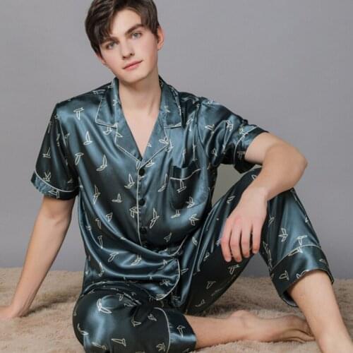 Spring and Summer Mens Silk Short-sleeved Long Trousers Cool Satin Pajamas Silk Clothes Pijama Hombre Men Silk Pajamas