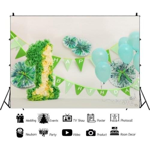 Lively Green Balloon with Flags Portrait Photography Backdrop One Year Birthday Photo Background Vinyl Photocall Booth Props