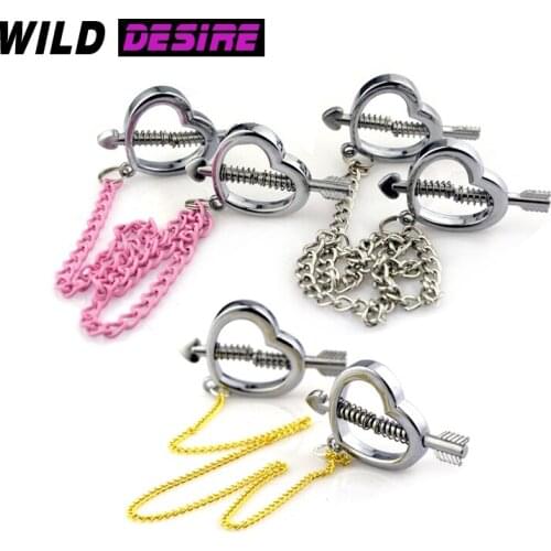 1 pair Stainless Steel Metal Chain Nipple Clips Breast Clip Sex Slaves BDSM Nipple Clamps for Couples girl Sex Toys Heart Shape