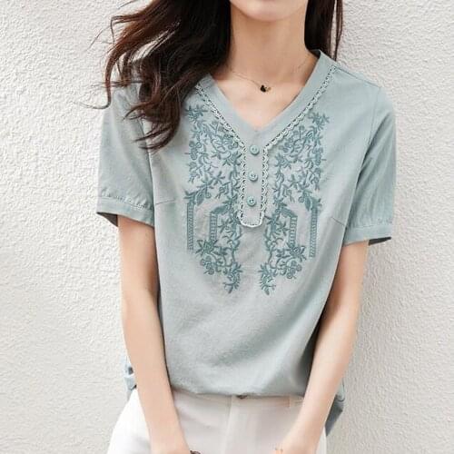 Retro Neckline Embroidered Inner Hemming Twill Ramie T-shirt Womens Summer New Pure Color Thin Short Sleeve Top