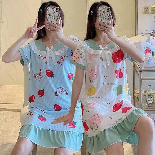 2021 Summer Sweet Princess Lace Short Sleeve Nightgowns for Women Korean Print Sleepwear Night Gown Nightdress Home Dress Nighty