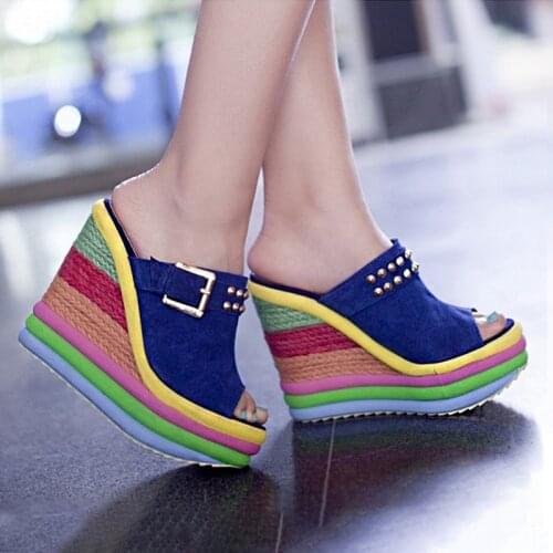 2021 Summer New Platform Wedge Sandals For Womens With Metal Decoration Rainbow Color Weave Fish Mouth High Heels Shoes