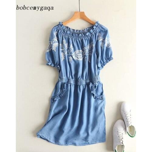 Summer Off Shoulder Denim Dress Women Elastic Neckline Short Sleeve Cold Shoulder embroidery Jeans Dresses Blue Casual Dress